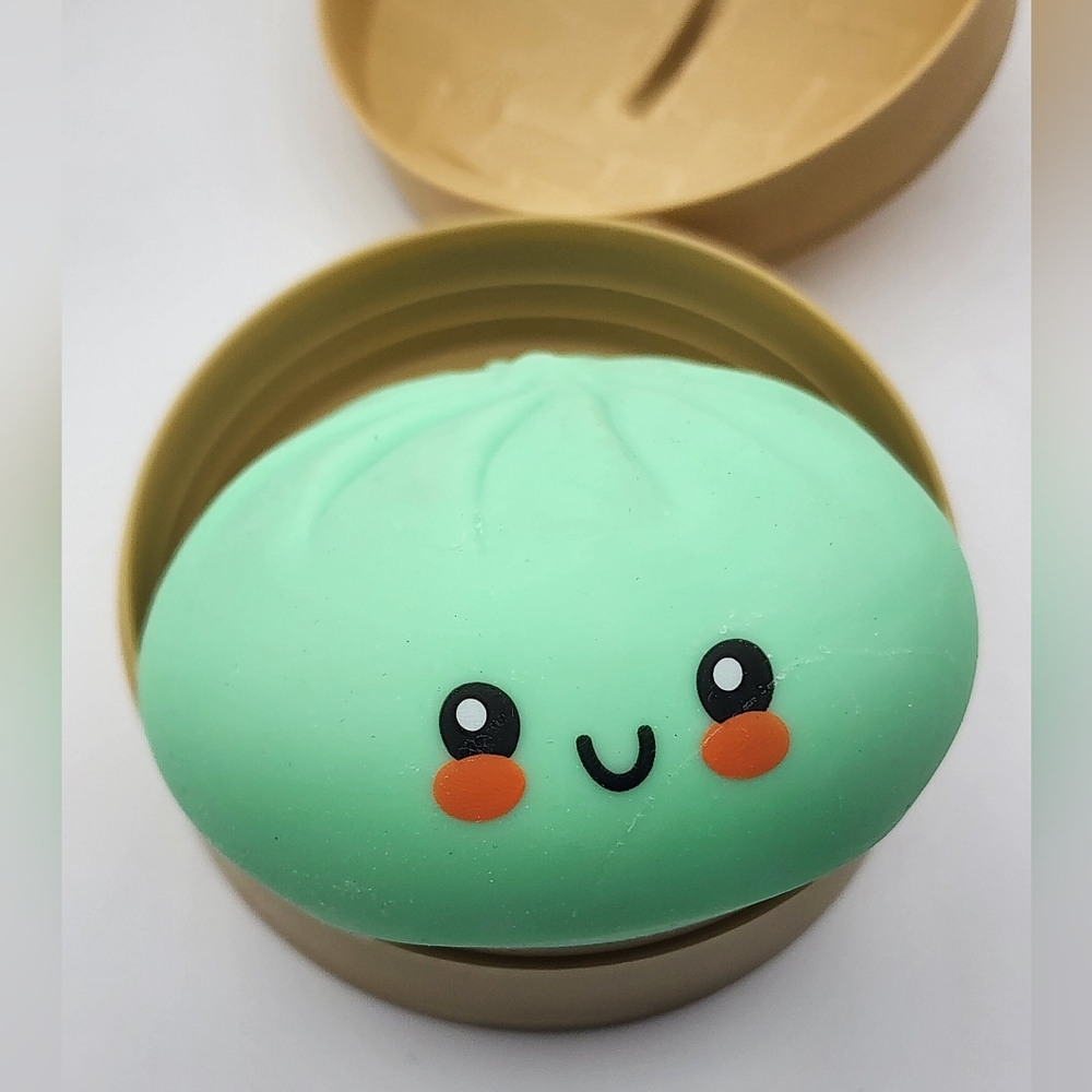 Squishy Bun Rainbow Mystery Dumpling! TEAL GREEN in Open Basket, Viral TikTok 4"